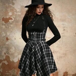 ROMWE Black & White Plaid Suspender Mini Skirt